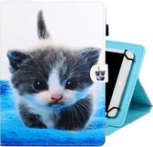7 inch universele gekleurde tekening horizontale flip PU lederen tas met houder en kaartsleuf (blauw witte kat)