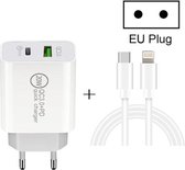 20 W PD Type-C + QC 3.0 USB-interface Snel opladen Reislader met USB-C / Type-C naar 8-pins snellaadgegevenskabel EU-stekker