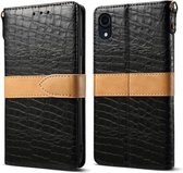 Splicing Color Crocodile Texture PU horizontale flip lederen hoes voor iPhone XR, met portemonnee & houder & kaartsleuven en lanyard (zwart)