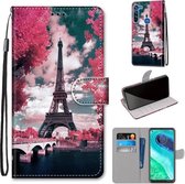 Voor Motorola Moto G8 Gekleurde Tekening Cross Textuur Horizontale Flip PU Lederen Case met Houder & Kaartsleuven & Portemonnee & Lanyard (Pink Flower Tower Bridge)