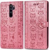 Voor xiaomi redmi note 8 pro schattige kat en hond reliëf horizontale flip pu lederen tas met houder / kaartsleuf / portemonnee / lanyard (roze)