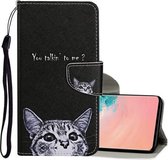 Voor Samsung Galaxy S10 Gekleurde Tekening Patroon Horizontale Flip Leren Case met Houder & Kaartsleuven & Portemonnee & Lanyard (Kleine Kat)