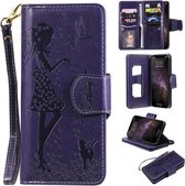 Voor iPhone 11 Pro Max vrouw en kat reliëf horizontale flip lederen tas, met portemonnee & houder & kaartsleuven & fotolijst & spiegel & lanyard (paars)