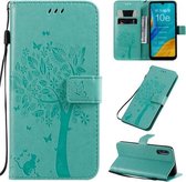 Voor Huawei Enjoy 10e Tree & Cat Pattern Pressed Printing Horizontale Flip PU Leather Case met houder & kaartsleuven & portemonnee & Lanyard (groen)