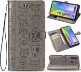 Voor Huawei Y6P Leuke Kat en Hond Reliëf Horizontale Flip Leren Case met Beugel / Kaartsleuf / Portemonnee / Lanyard (Grijs)