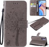 Voor Oppo Reno4 5G Boom & Kat Reliëfpatroon Horizontale Flip Leren Case met Houder & Kaartsleuven & Portemonnee & Lanyard (Grijs)