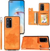 Voor Huawei P40 Pro + Mandala reliëf PU + TPU hoesje met houder & kaartsleuven & fotolijst & riem (geel)