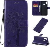 Voor Galaxy M11 / A11 Tree & Cat Pattern Pressed Printing Horizontale Flip PU lederen tas met houder & kaartsleuven & portemonnee & lanyard (paars)