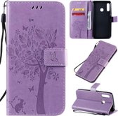 Voor Galaxy A70e Tree & Cat Pattern Pressed Printing Horizontale Flip PU lederen tas met houder & kaartsleuven & portemonnee & lanyard (lichtpaars)