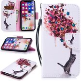 Voor iPhone XS / X Gekleurd tekeningpatroon Horizontaal Flip TPU + PU lederen hoesje met houder & kaartsleuven & portemonnee & lanyard (kat en vlinders)