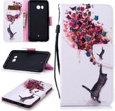 Voor HTC U11 Gekleurde Tekening Patroon Horizontale Flip TPU + PU Lederen Case met Houder & Kaartsleuven & Portemonnee & Lanyard (Kat en Vlinders)