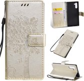 Tree & Cat Pattern Pressed Printing Horizontale Flip PU lederen tas met houder & kaartsleuven & portemonnee & lanyard voor Galaxy Note10 (goud)