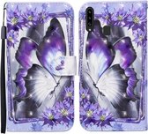 Voor Samsung Galaxy A20s Gekleurde Tekening Patroon Horizontale Flip Leren Case met Houder & Kaartsleuven & Portemonnee (Paarse Bloem Vlinder)