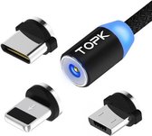 TOPK 2m 2.1A-uitgang USB naar 8-pins + USB-C / Type-C + Micro USB Mesh gevlochten magnetische oplaadkabel met LED-indicator (zwart)