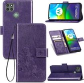 Voor Motorola G9 Power vierbladige gesp reliëf gesp mobiele telefoon bescherming lederen tas met lanyard & kaartsleuf & portemonnee & beugel functie (paars)