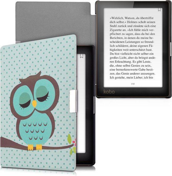 kwmobile e-reader hoesje geschikt voor Kobo Aura Edition 1 hoes - E reader flip case met magnetische sluiting - Ereader cover - Slapende Uil design in turquoise / bruin / mintgroen van Merkloos — afbeelding 2