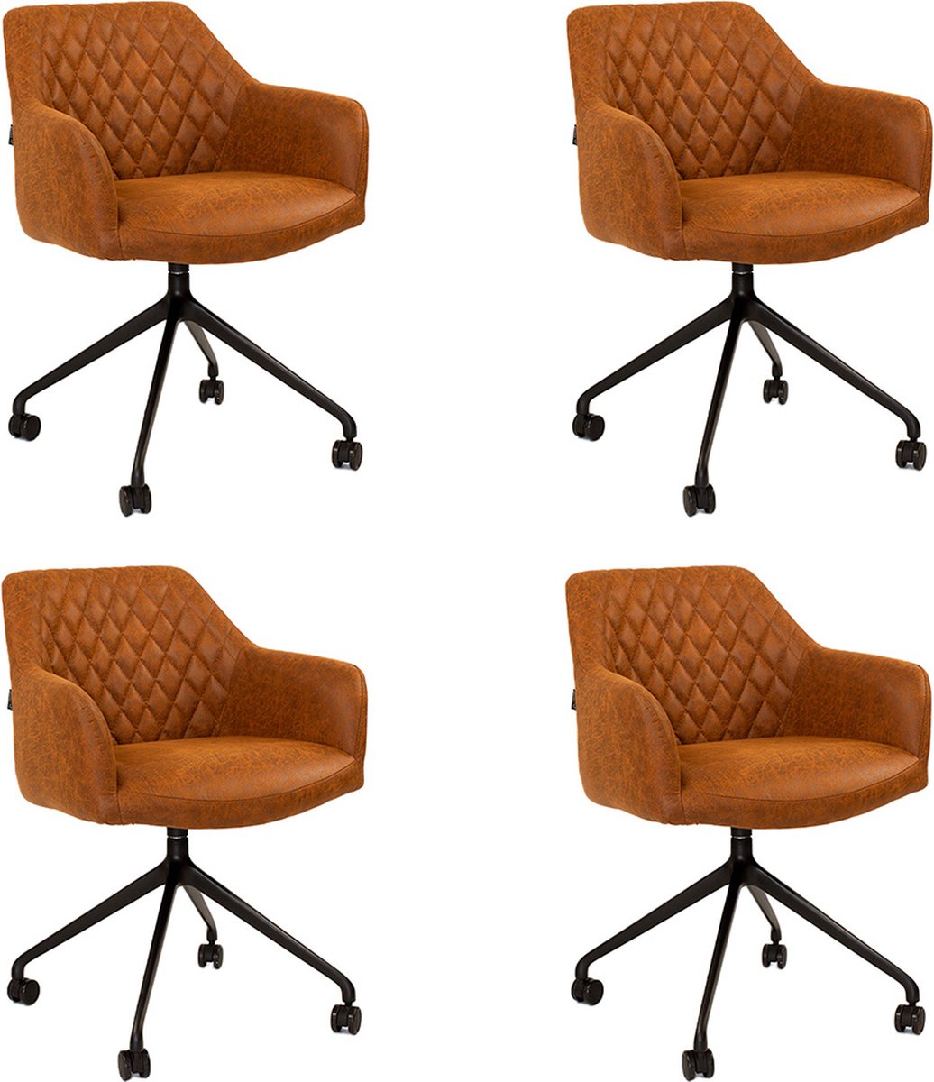 Bronx71® Eetkamerstoel met wieltjes Levi cognac eco-leer - Eetkamerstoelen set van 4 - stoel