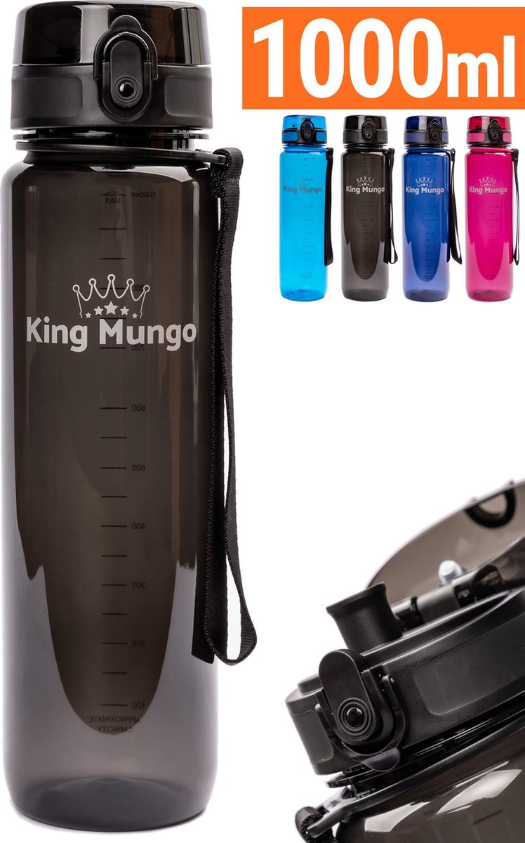 1 Liter Drinkfles - Vaatwasserbestendig - Sport Bidon Drinkbus King Mungo 1000ml Zwart