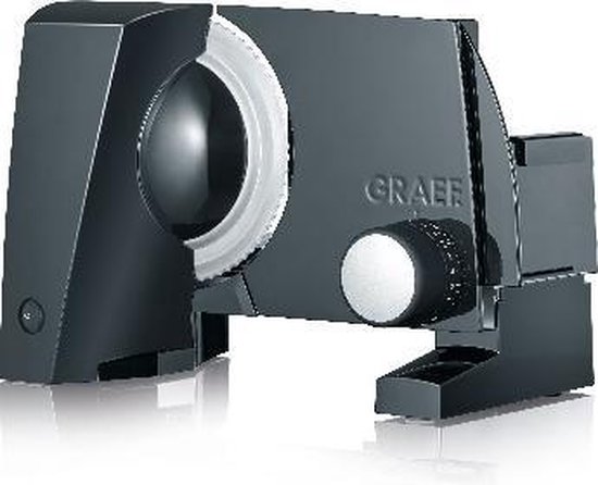 Zwarte Graef snijmachine met zilverkleurige details en een witte snijring.