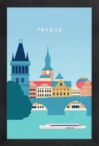 JUNIQE - Poster met houten lijst Retro Praag -13x18 /Blauw & Turkoois