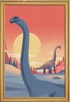 JUNIQE - Poster met houten lijst Brachiosaurus -13x18 /Blauw & Oranje