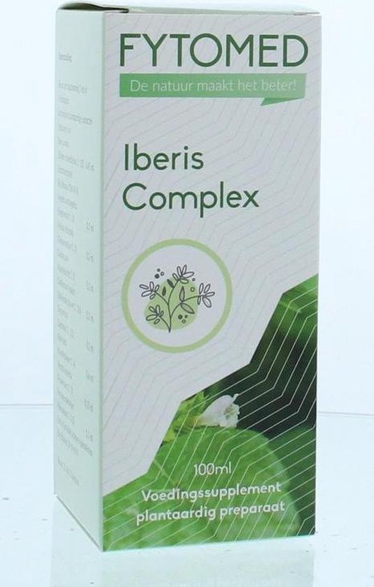 Doos FYTOMED Iberis Complex. Groene bladeren en een cirkelvormige illustratie van planten.