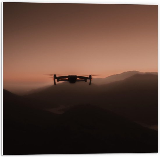 Forex - Vliegende Drone over Bergen - 50x50cm Foto op Forex
