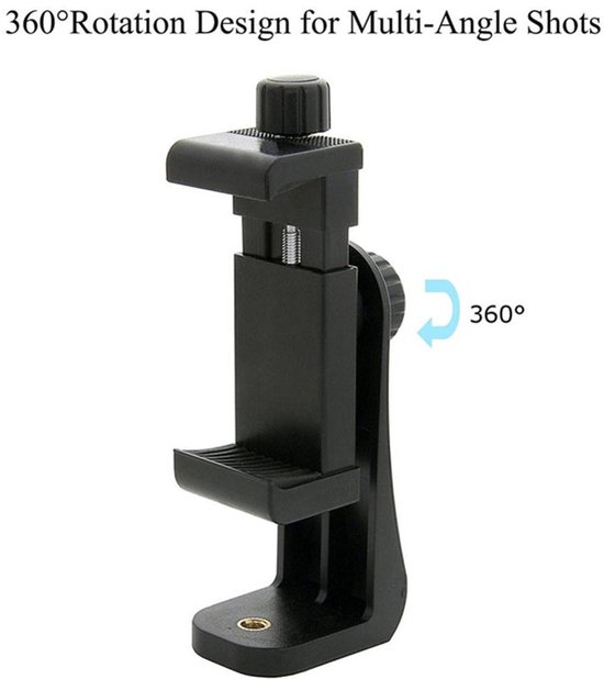 Zwarte telefoonhouder met tekst '360° Rotation Design for Multi-Angle Shots'.