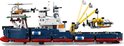 Blauwe en rode LEGO-onderzoeksboot met kraan, helikopter en onderzeeër.