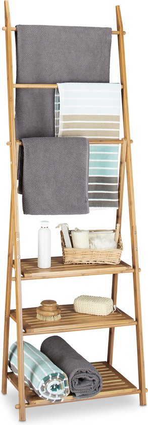 Inklapbaar handdoekrek bamboe badkamerrek - 3 planken - 3 stangen - 4 haakjes - HxBxD 152x53x31 cm - natuur