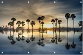 Zon komt op achter de palmen - Foto op Tuinposter - 150 x 100 cm