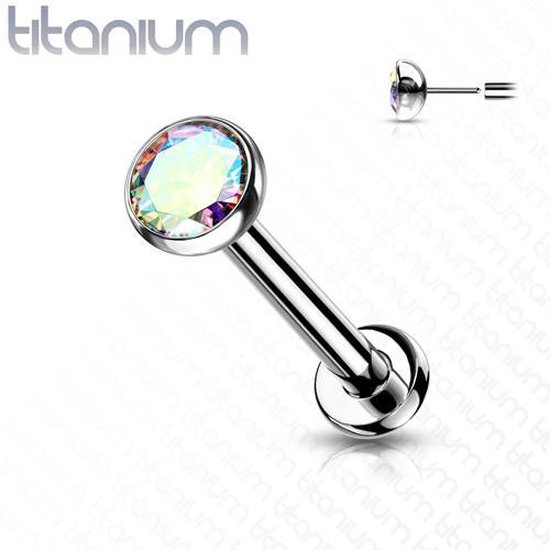 Titanium labret met multi-color CZ steen, zilverkleurig.