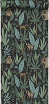 ESTAhome behang jungle apen zwart, donkergroen en mintgroen - 139074 - 0.53 x 10.05 m