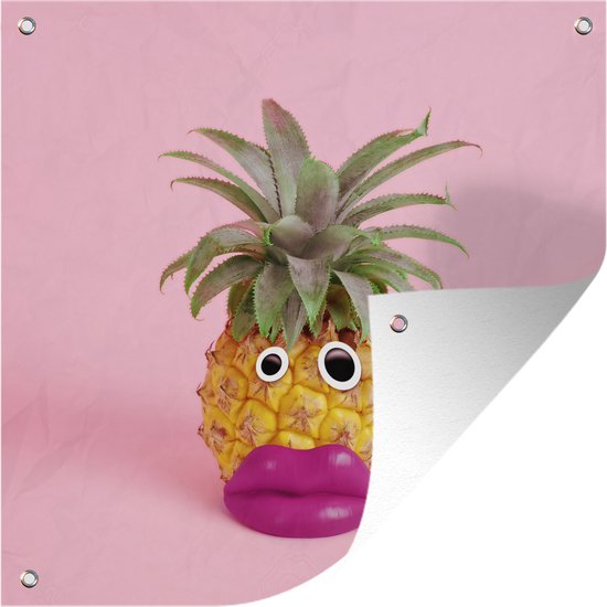 Tuinposters pineapple with face made of fake lips and googly eyes - 50x50 cm