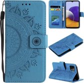Voor Samsung Galaxy A22 5G Totem Bloem Reliëf Horizontale Flip TPU + PU Lederen Case met Houder & Kaartsleuven & Portemonnee (Blauw)
