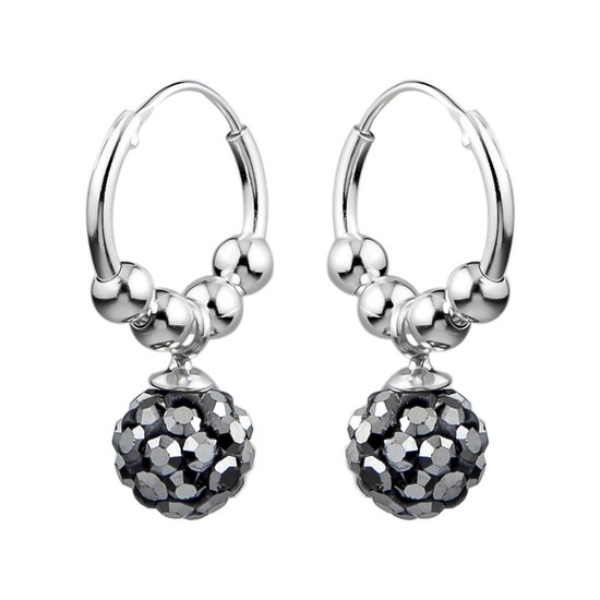 Oorbellen meisje zilver | Zilveren oorringen met zilveren bolletjes en gekleurde bol met kristallen