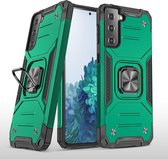 Samsung S21 Hoesje - Heavy Duty Armor hoesje Groen - Galaxy S21 silicone TPU hybride hoesje Kickstand ringhouder met Magnetisch Auto Mount