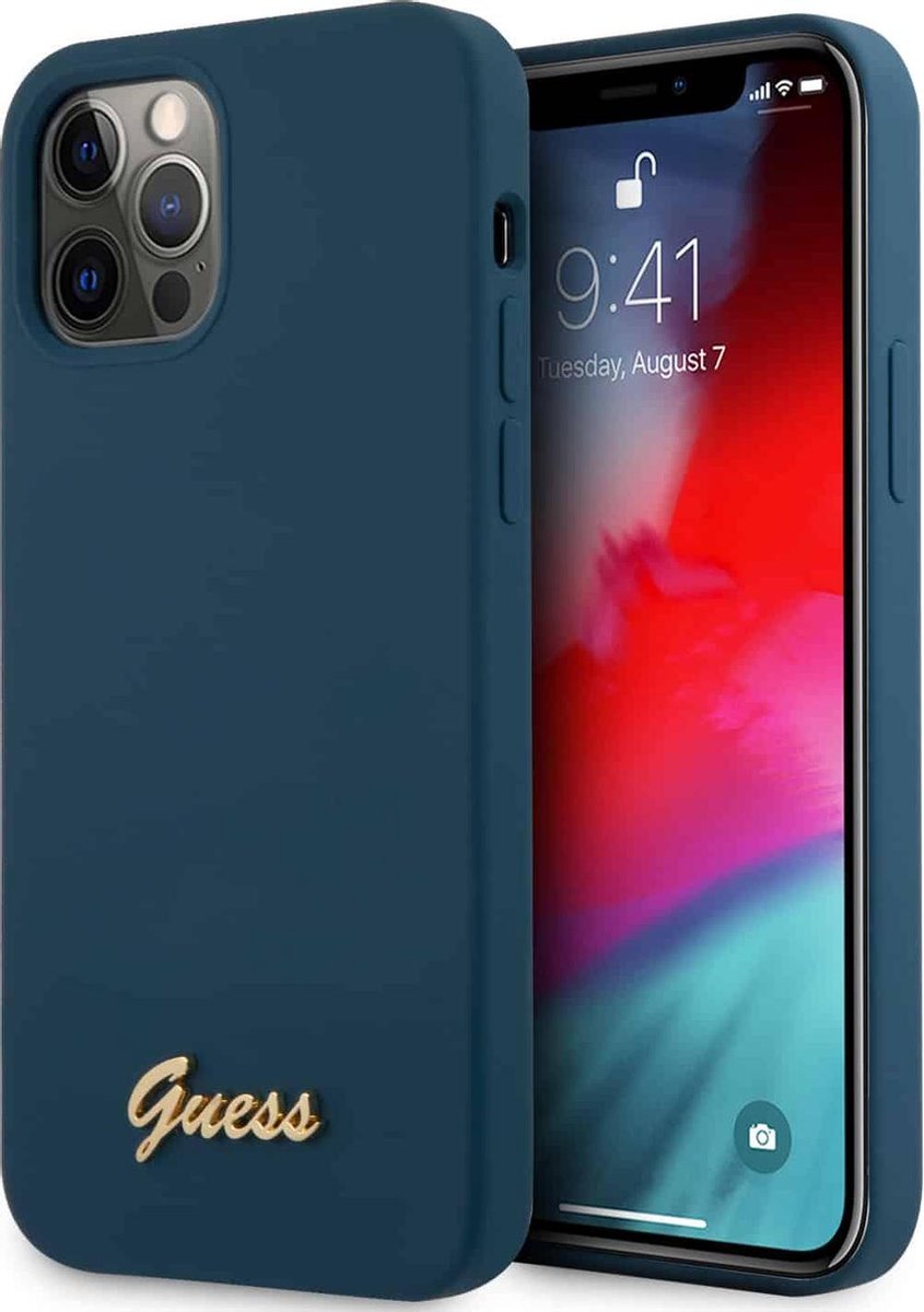 Guess Silicone Metal Script Back Case - Geschikt voor Apple iPhone 12 Pro Max (6.7") - Blauw