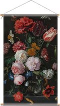 Textiel poster stilleven bloemen in een glazen vaas | Oude meester - 90x150cm