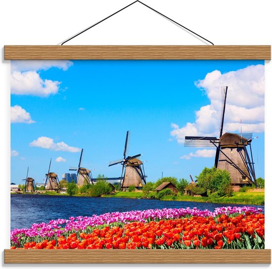 Schoolplaat – Nederlandse Molens met Tulpen - 40x30cm Foto op Textielposter (Wanddecoratie op Schoolplaat)