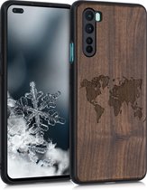 kwmobile telefoonhoesje compatibel met OnePlus Nord - Hoesje met bumper in donkerbruin - walnoothout - Wereldkaart design