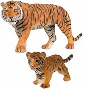 Plastic speelgoed figuren dieren setje tijgers familie van 2x stuks - Moeder en kind - 15 en 3.5 cm
