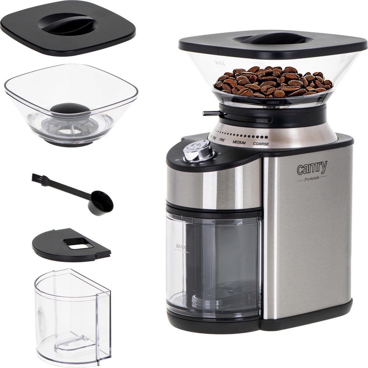 Bol.com Camry CR 4443 Elektrische Koffiemolen - Conisch Maalwerk - 200W - 16 Maalstanden - RVS Behuizing - Voor 12 Kopjes Koffie... aanbieding