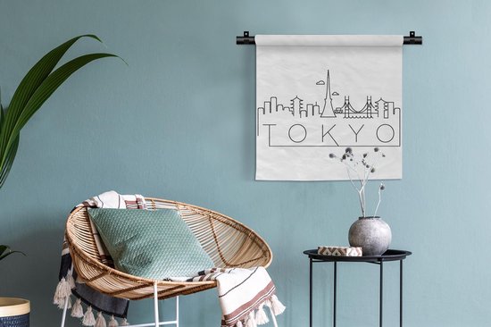 Tapisserie Villes du monde - Skyline Tokyo noir sur blanc Tapisserie coton 60x60 cm - Tapisserie avec photo