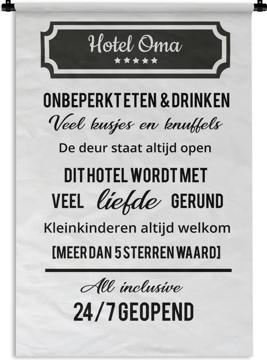 Wandkleed Moederdag - 12 mei Moederdag cadeau met tekst - Hotel Oma altijd open Wandkleed katoen 60x90 cm - Wandtapijt met foto