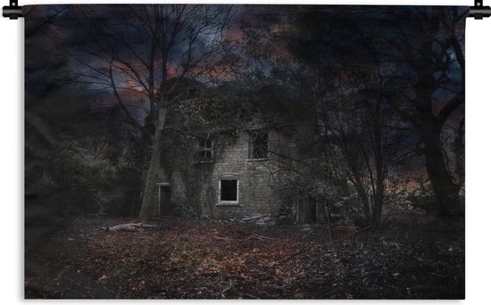 Wandkleed Verlaten gebouwen - Verlaten gebouw in een bos in de nacht Wandkleed katoen 150x100 cm - Wandtapijt met foto