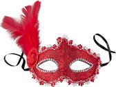 dressforfun - Venetiaans masker met zijdelingse veer rood - verkleedkleding kostuum halloween verkleden feestkleding carnavalskleding carnaval feestkledij partykleding - 303550
