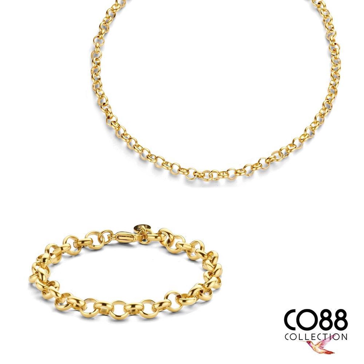 CO88 Collections 8CO-SET092 - Stalen Sieradenset - Ketting met Armband - Jasseron - 7 mm Dik - 45 cm Ketting - 19 cm Armband - Goudkleurig