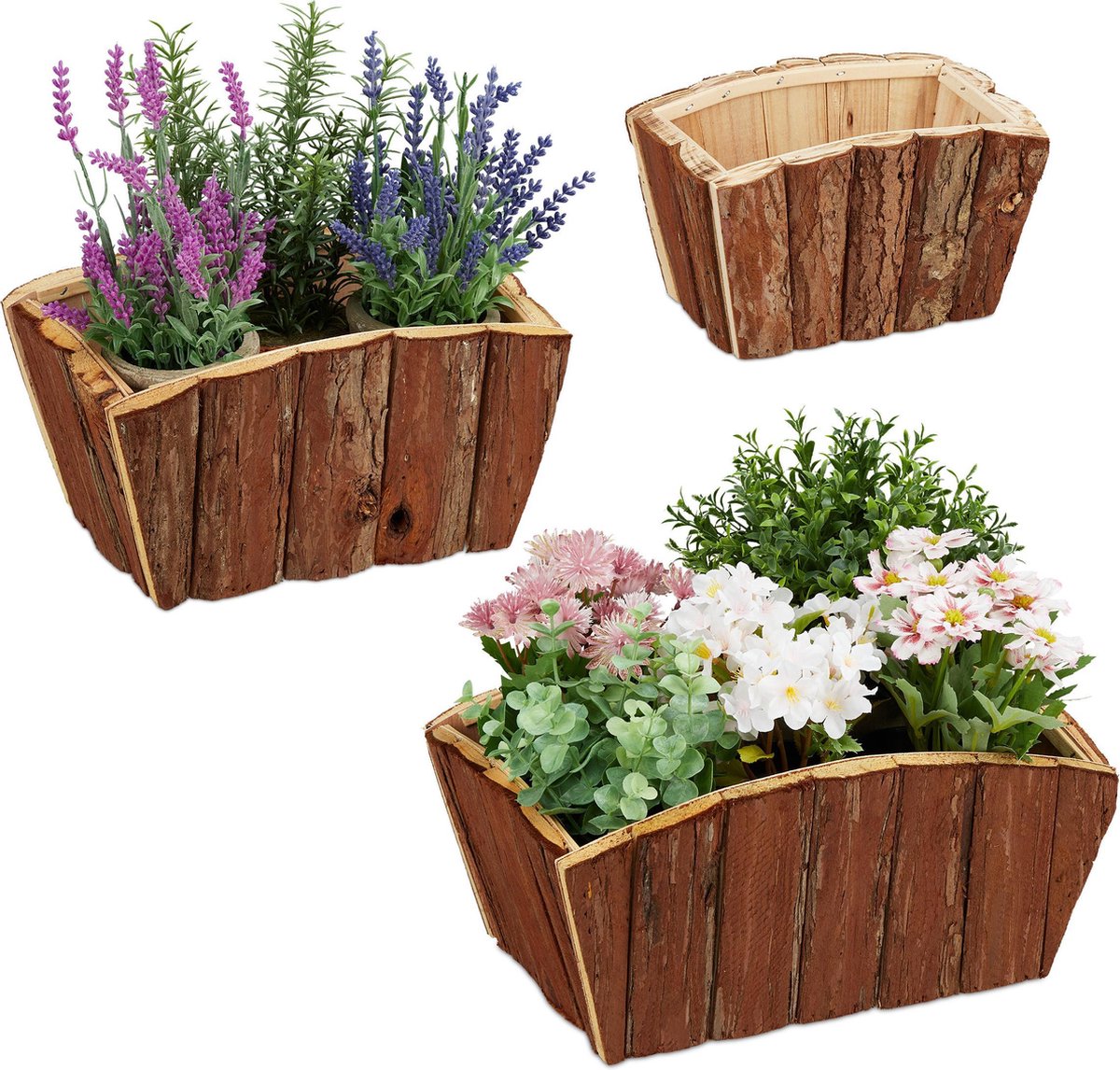 Relaxdays plantenbak hout bloembak set van 3 bloempot buiten houten tuindecoratie