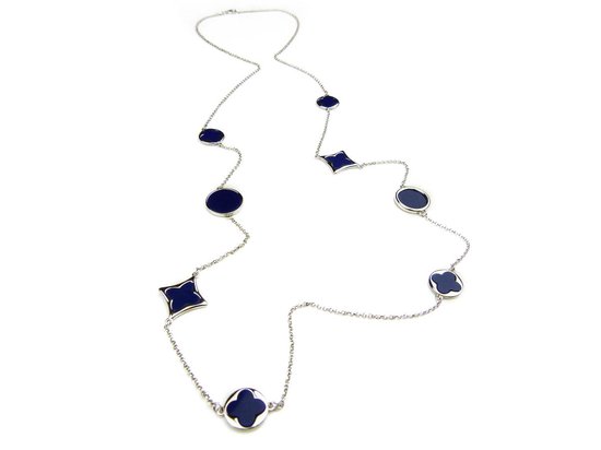 lange zilveren collier halsketting halssnoer gerhodineerd verguld Model Blossom met blauwe stenen